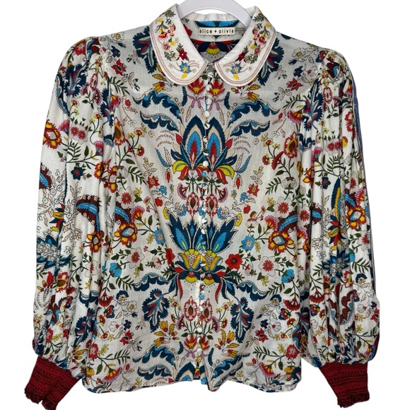 Alice + Olivia April Embroidered Collar Santa Monica Off White Multi Top Small - Picture 1 of 13